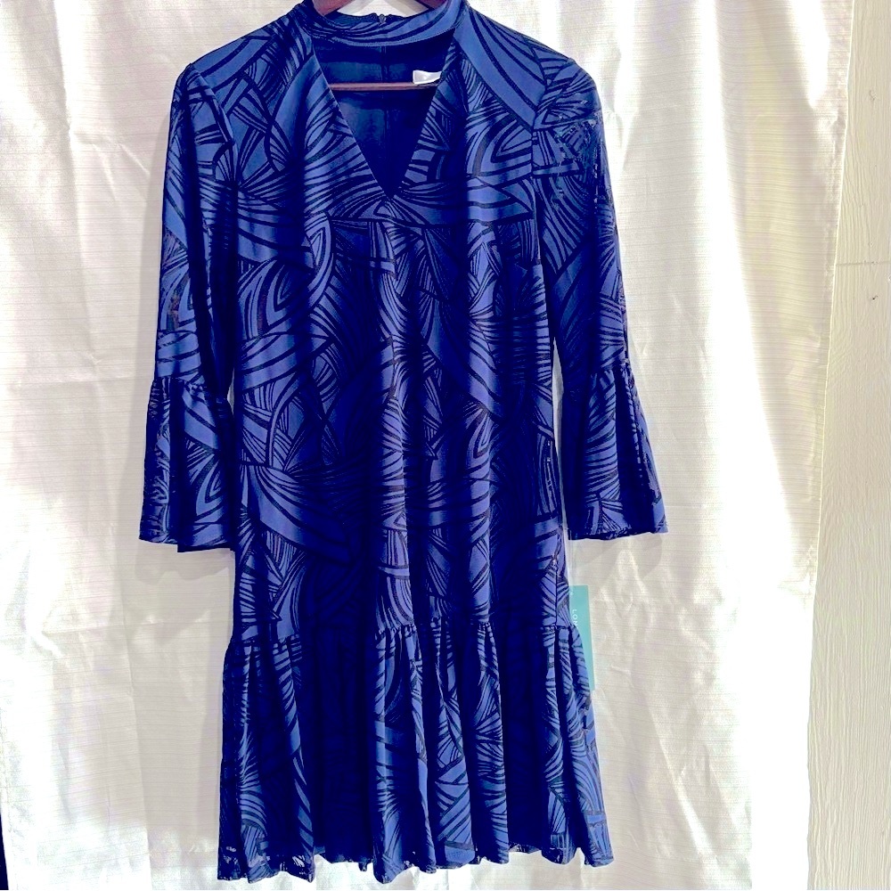 NWT London Times women’s bell sleeve dress blue/black choker neckline size 6